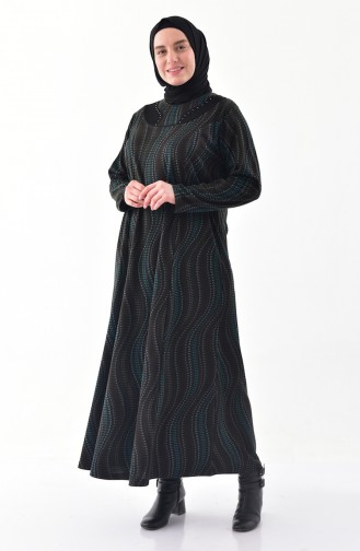 Büyük Beden Desenli Elbise 4848G-01 Siyah Haki