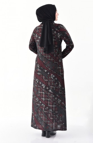 Large Size Stone Printed Dress 4883-02 Claret Red 4883-02