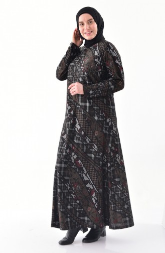 فستان بتصميم مُطبع بأحجار لامعة و بمقاسات كبيرة 4883-03 لون بني مائل للرمادي 4883-03