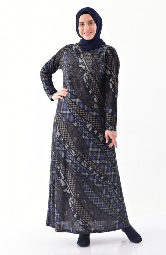 Large Size Stone Printed Dress 4883-04 Navy Blue 4883-04