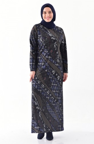 Large Size Stone Printed Dress 4883-04 Navy Blue 4883-04