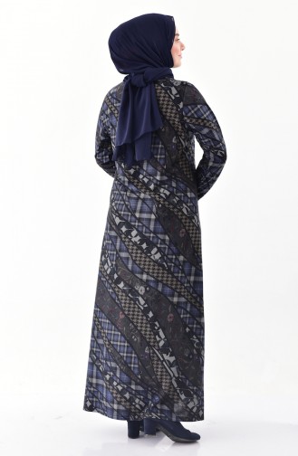 Large Size Stone Printed Dress 4883-04 Navy Blue 4883-04