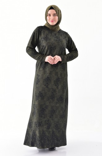 فستان بتصميم مُطبع بأحجار لامعة و بمقاسات كبيرة  4883 A-02 لون أخضر كاكي 4883A-02