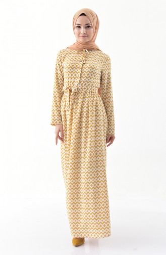 Patterned Belted Dress 10004-01 Mustard 10004-01