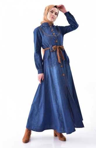 MISS VALLE Belted Jeans Abaya 8900-01 Navy Blue 8900-01