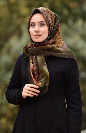 Desenli Flamlı Cotton Eşarp 2169-14 Haki