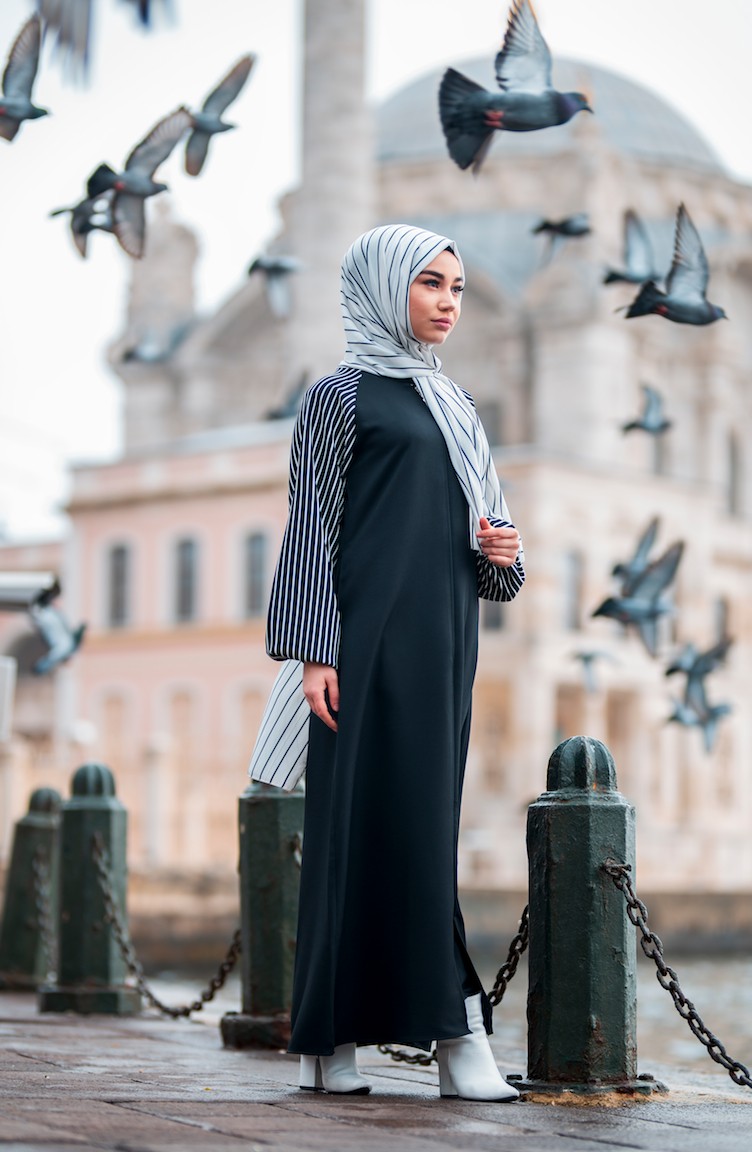 Balloon Sleeve Striped Abaya 4016 01 Black 4016 01 Sefamerve