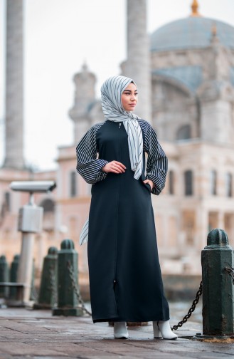 Balloon Sleeve Striped Abaya 4016-01 Black 4016-01