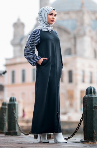 Balloon Sleeve Striped Abaya 4016-01 Black 4016-01