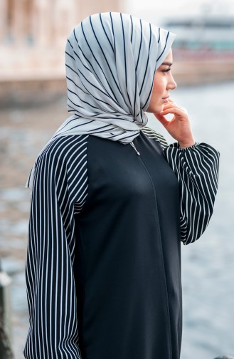 Balloon Sleeve Striped Abaya 4016-01 Black 4016-01
