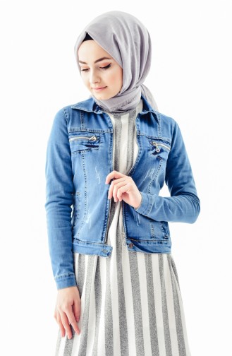 Fermuarlı Kot Ceket 6037-01 Kot Mavi