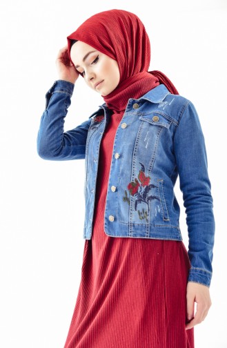 Embroidered Jeans Jacket 6040-01 Blue Jeans 6040-01