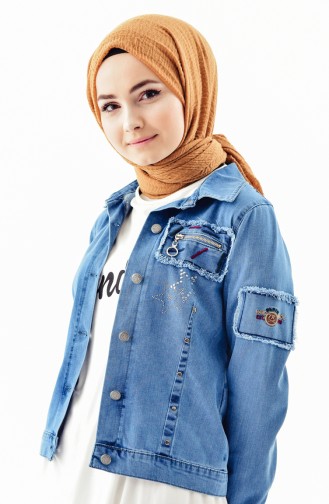 Stone Printed Jeans Jacket 6047-01 Blue Jeans 6047-01