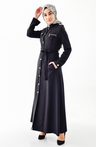 Buttoned Belted Overcoat 61270-01 Black 61270-01