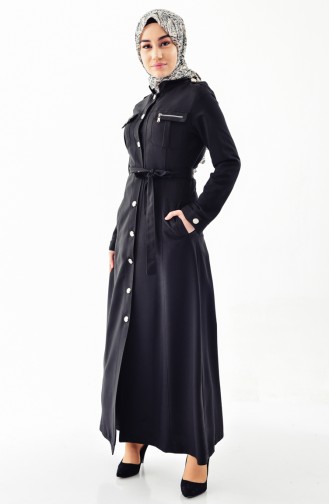 Buttoned Belted Overcoat 61270-01 Black 61270-01