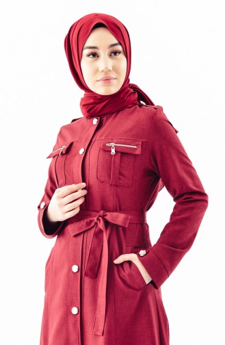 BURUN Buttoned Belted Overcoat 61270-02 Claret Red 61270-02