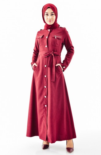 BURUN Buttoned Belted Overcoat 61270-02 Claret Red 61270-02