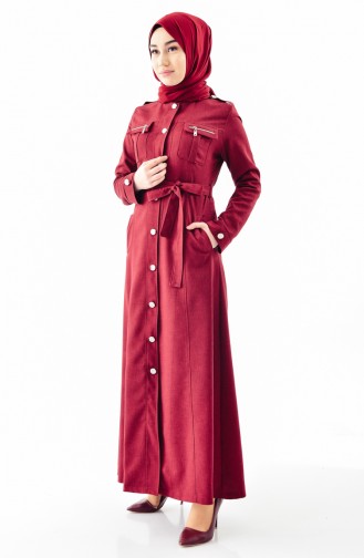 BURUN Buttoned Belted Overcoat 61270-02 Claret Red 61270-02