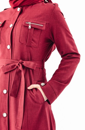 BURUN Buttoned Belted Overcoat 61270-02 Claret Red 61270-02