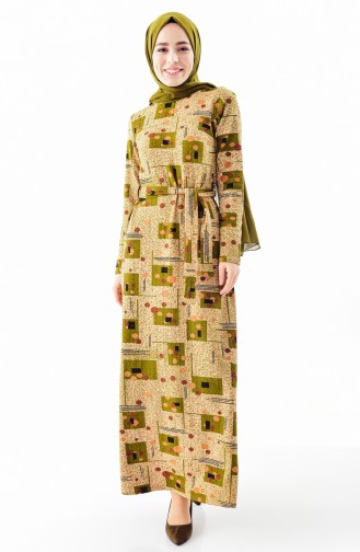دلبر فستان بتصميم مطبع وحزام 9153-01 لون اخضر 9153-01