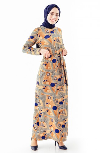 Kuşaklı Desenli Elbise 9154-01 Camel Saks