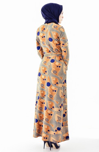 Kuşaklı Desenli Elbise 9154-01 Camel Saks