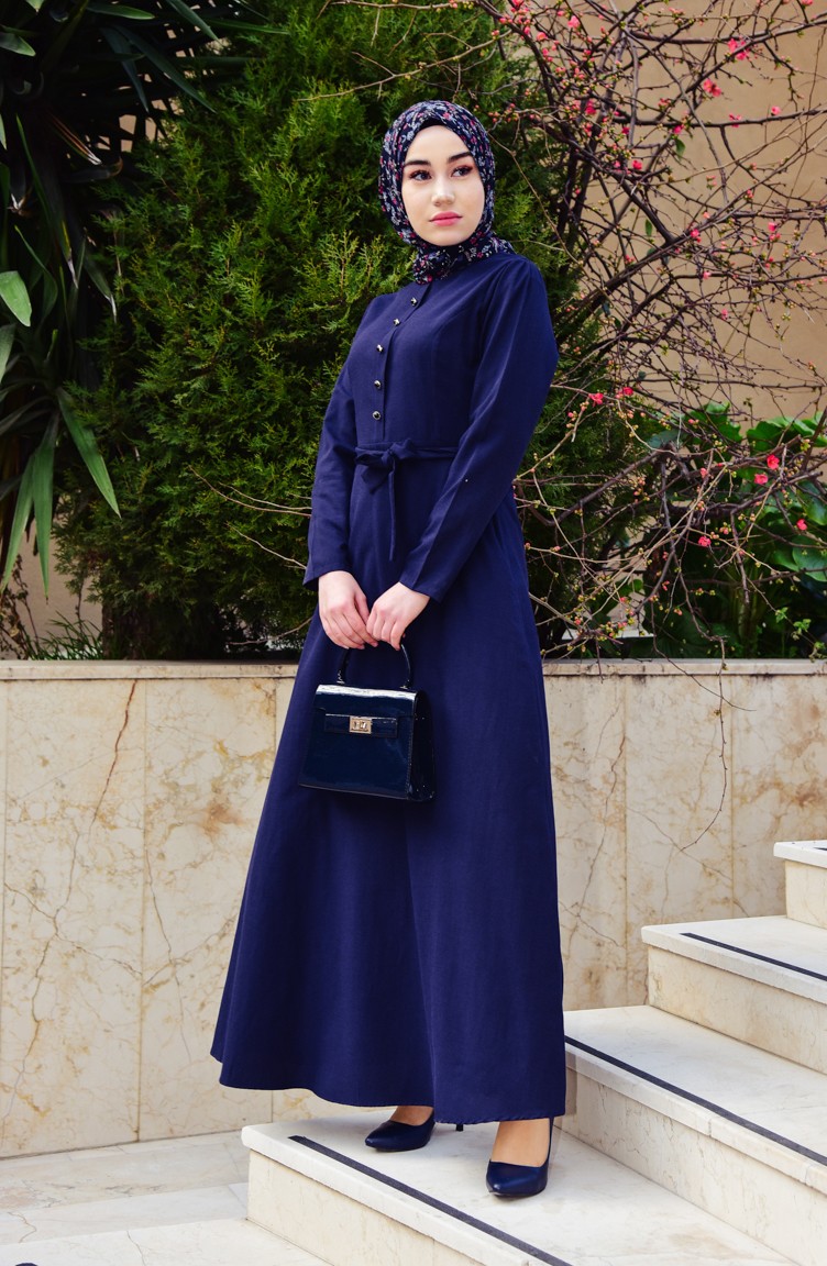 Navy Blue Hijab Dress 8214-01