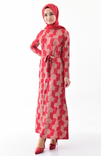 دلبر فستان مُطبع بتصميم حزام خصر 9033-02 لون أحمر 9033-02