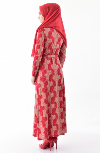 Desenli Kuşaklı Elbise 9033-02 Kırmızı