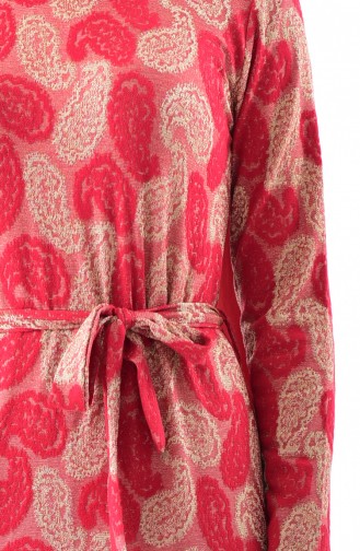دلبر فستان مُطبع بتصميم حزام خصر 9033-02 لون أحمر 9033-02