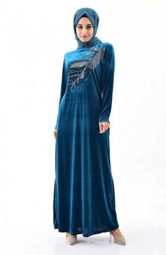 Large Size Stone Printed Velvet Dress 0022-02 Petrol 0022-02