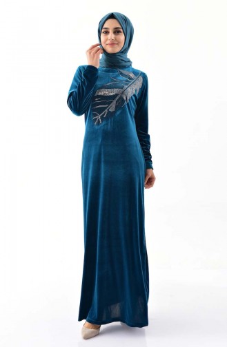 فستان مخمل بتصميم مُطبع بأحجار لامعة و بمقاسات كبيرة  0022-02 لون بترولي 0022-02