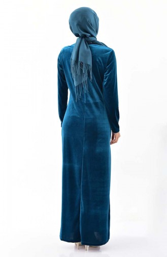 فستان مخمل بتصميم مُطبع بأحجار لامعة و بمقاسات كبيرة  0022-02 لون بترولي 0022-02