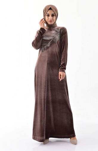 Büyük Beden Taş Baskılı Kadife Elbise 0022-03 Kahverengi