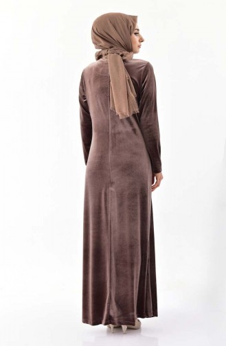 Büyük Beden Taş Baskılı Kadife Elbise 0022-03 Kahverengi