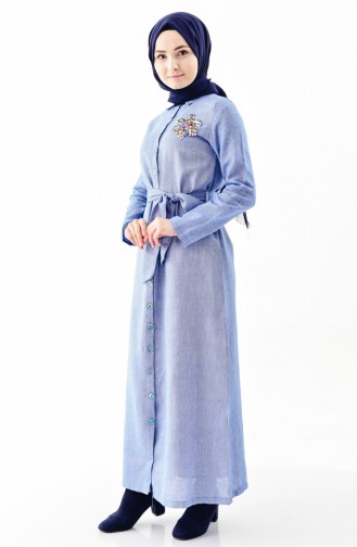 Pullu Kuşaklı Elbise 4409-02 Mavi