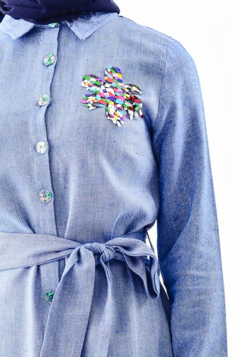 Pullu Kuşaklı Elbise 4409-02 Mavi
