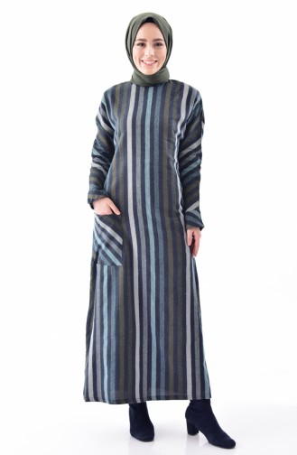 فستان بتصميم مُخطط 4407-01 لون رمادي واخضر كاكي 4407-01