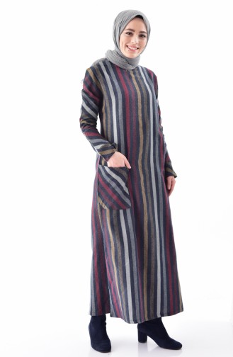 فستان بتصميم مُخطط 4407-03 لون رمادي وخمري 4407-03