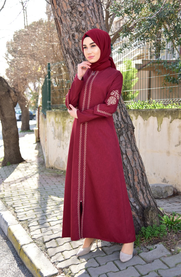 BURUN Embroidered Abaya 61269-01 Burgundy 61269-01 | Sefamerve