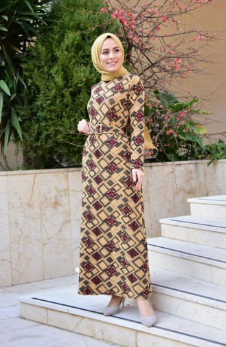 دلبر  فستان مُطبع بتصميم حزام للخصر 9036-02 لون أصفر داكن وخمري 9036-02