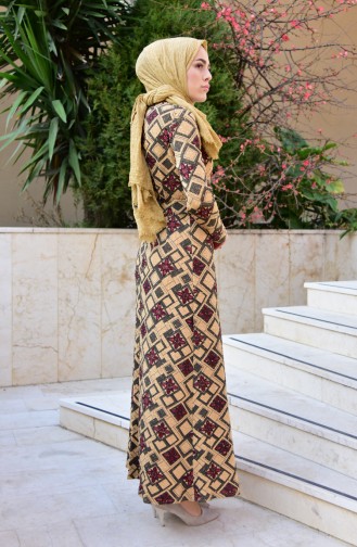 دلبر  فستان مُطبع بتصميم حزام للخصر 9036-02 لون أصفر داكن وخمري 9036-02