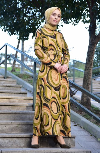 دلبر فستان مُطبع بتصميم حزام للخصر 9038-03 لون أخضر كاكي وأخضر 9038-03