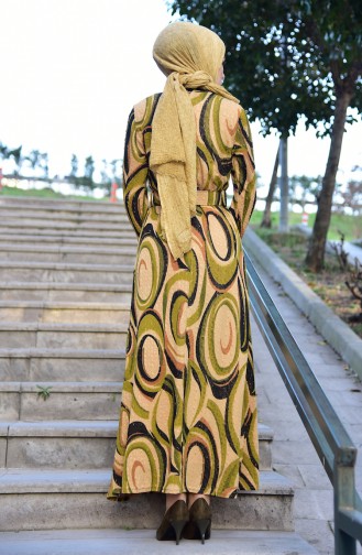 دلبر فستان مُطبع بتصميم حزام للخصر 9038-03 لون أخضر كاكي وأخضر 9038-03
