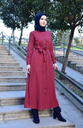 Checkered Patterned Belted Long Tunic 4406-03 Red 4406-03