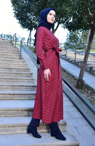 Checkered Patterned Belted Long Tunic 4406-03 Red 4406-03