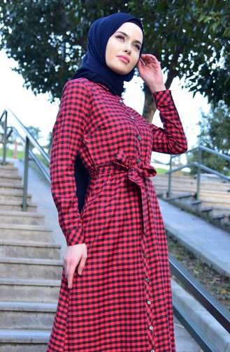 Checkered Patterned Belted Long Tunic 4406-03 Red 4406-03