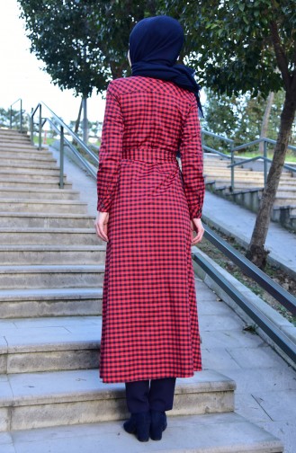 Checkered Patterned Belted Long Tunic 4406-03 Red 4406-03