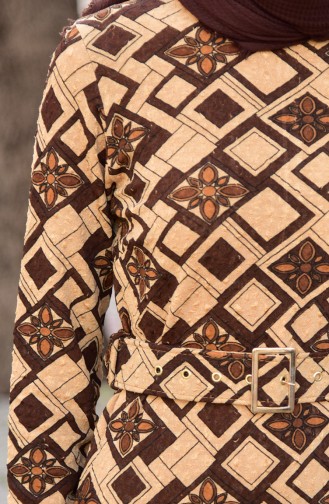 دلبر  فستان مُطبع بتصميم حزام للخصر 9036-03 لون أصفر داكن وبني 9036-03