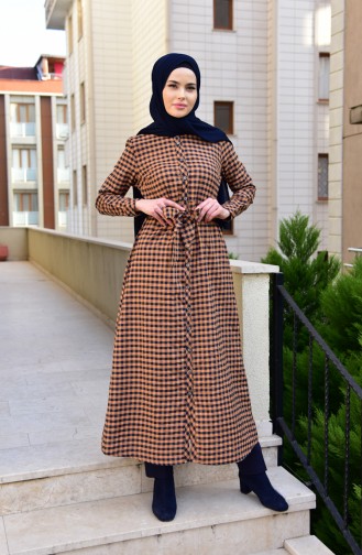 Checkered Patterned Belted Long Tunic 4406-01 Taba 4406-01